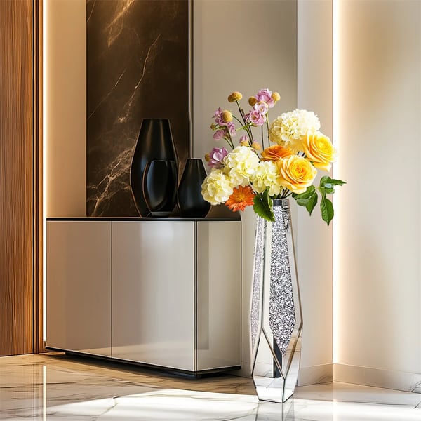 Blomsterkrukke, Elegant Spejlfinish, Krystal Indlæg Design,Gulvvase