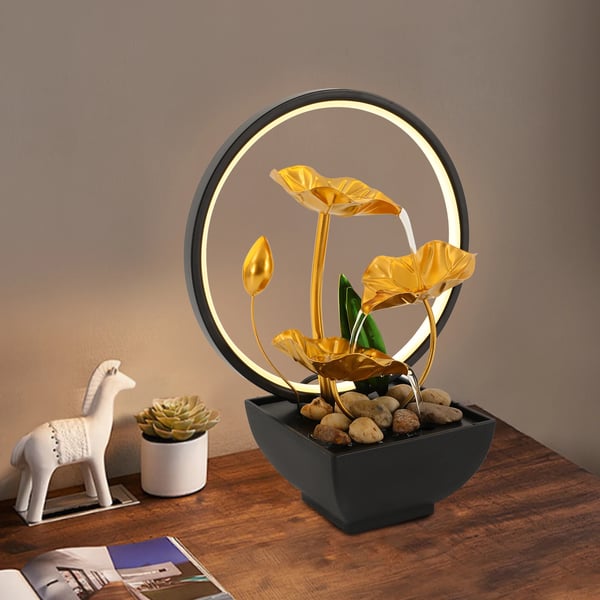Bordfontæne, Lotusdesign, LED-lys inkluderet,sort