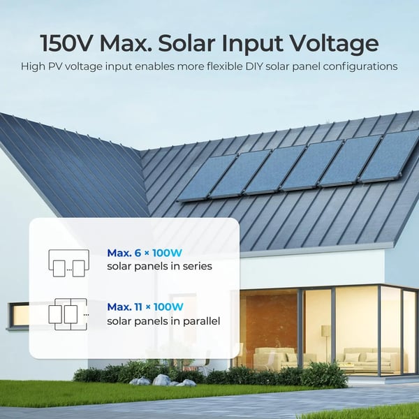 Solcelleladekontrol, 60A ladestøm, 150V maksimal solindgangsspænding, kompatibel med 12V/24V/36V/48V systemer, op til 98% effektivitet, LCD-display