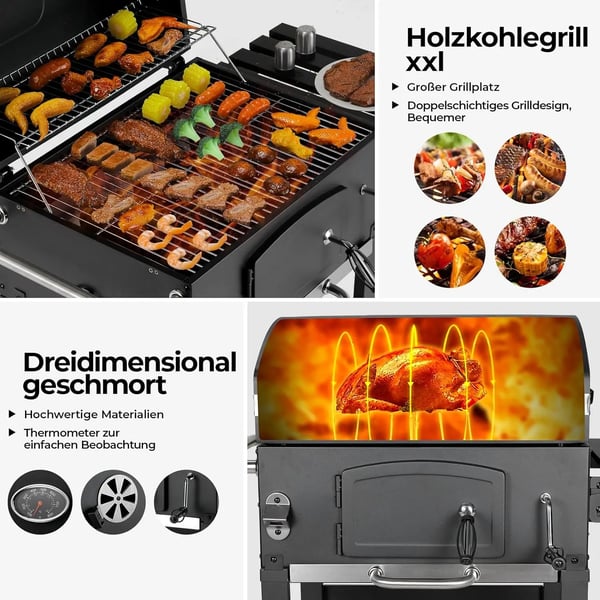 Kolgrillvagn, Grillgaller 57x42 cm, Värmeisolerad Grill 54x20 cm, Justerbar Ventilation 4, Inbyggd Termometer, Höjdjusterbar Kolskål