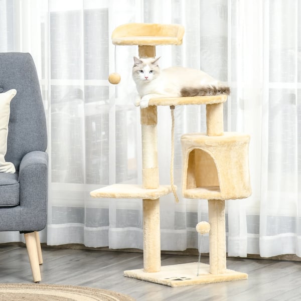 Kattetårn, Træmateriale, Fire Lag, Multi-Niveau Design, Egnet til Katte, Engagerende Legefunktioner