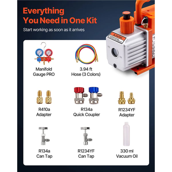 Vakuumpumpe, 4 CFM flow rate, kompatibel med flere kølemidler,220V, EU