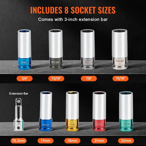 Impact Socket Set, 8-delt dyb design, Cr-Mo konstruktion,6Punkt 8Styk