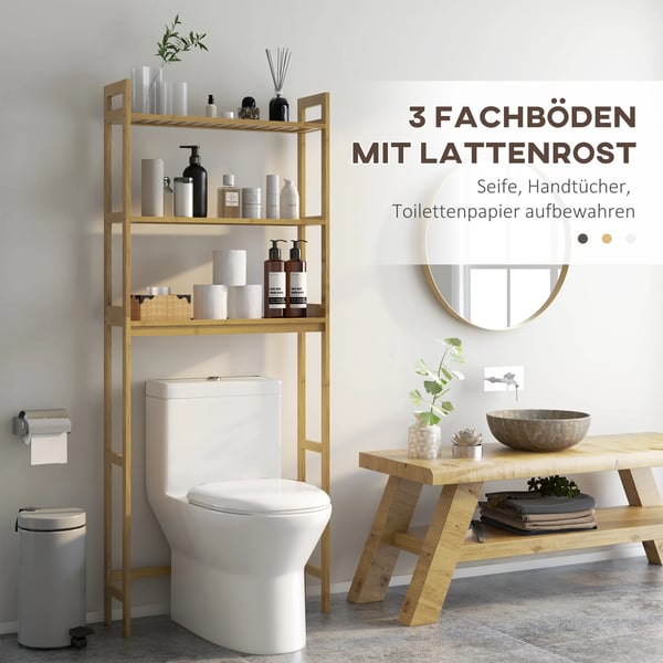 Badeværelseshylde, Bambusmateriale, 64x17,8x92 cm Dimensioner, Passer til de fleste toiletter, Pladsbesparende design, Anti-tippe beskyttelse