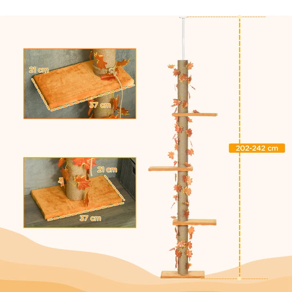 Kattetræ, Træmateriale, Højdejusterbar 202-242 cm, Fire lag, Orange platforme, Velegnet til katte