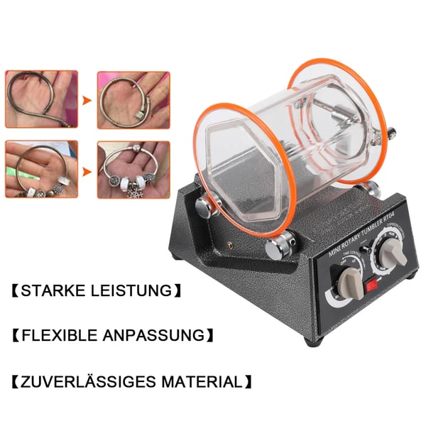 Smykke Poleringsmaskine, Polycarbonat Materiale, 3 kg Kapacitet, Bidirektionel Rotation, Justerbar Timer 10 til 60 Minutter, Lækagesikker Design