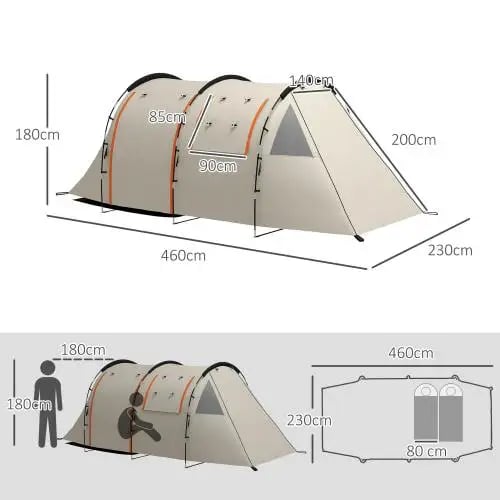 Tunnel Camping Telt, 5-Personers Kapacitet, Vandtæt 3000 mm, Dimensioner 460L x 230B x 180H cm, Foldet Størrelse 60L x 19B x 19H cm, 2 Sidevinduer