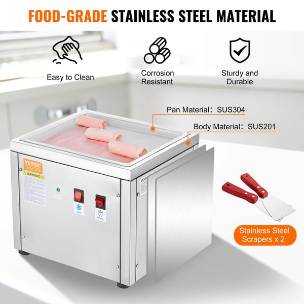 Stegt Iscreme Rullemaskine, Effekt 500W, Producerer 8kg/min, Pande Størrelse 280x240x20mm, Rustfrit Stål Konstruktion, Drifts Temperatur 5-38℃
