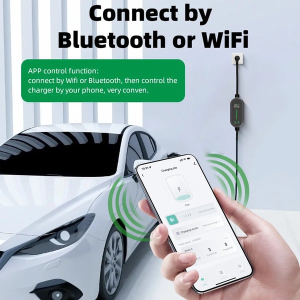 Bærbar EV-lader, Wi-Fi og Bluetooth kontrol, justerbar strøm 6A-16A,TYPE2, Type2 med app 5m