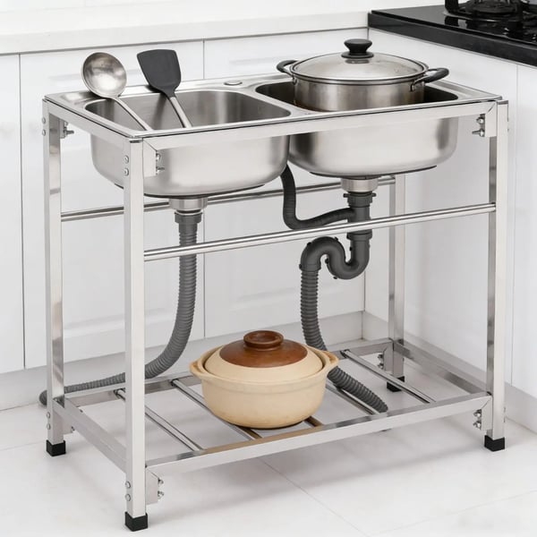 Kommersiel dobbeltvask, rustfrit stål 304, 32,7*17,3*30,3 tommer, belastningskapacitet 75 kg, justerbar højde 3 cm, vandhulsdiameter 3 cm