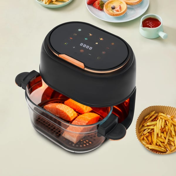 Digital Air Fryer, 4L kapacitet, 1350W effekt, temperaturinterval 60-190 ℃, timer op til 24 timer, borosilikatglas kurv