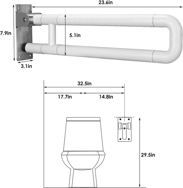 Badeværelse Armstøtte, 60 cm Længde, Belastningskapacitet 300-350 kg, Rustfrit Stål Materiale, Foldbart Design, Skridsikker Overflade