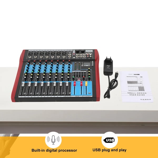 Lydmixer, 8-kanals konfiguration, Bluetooth lydinterface, USB lydsupport, Glatte faders, 3,7 kg vægt