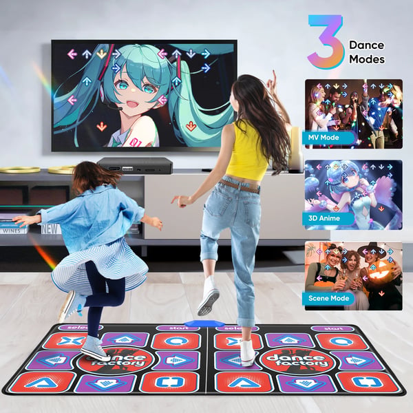 Dobbelt dansemåtte, med MV/3D/tegnefilm dansefunktion, 166x93cm, giftfrit PVC-materiale