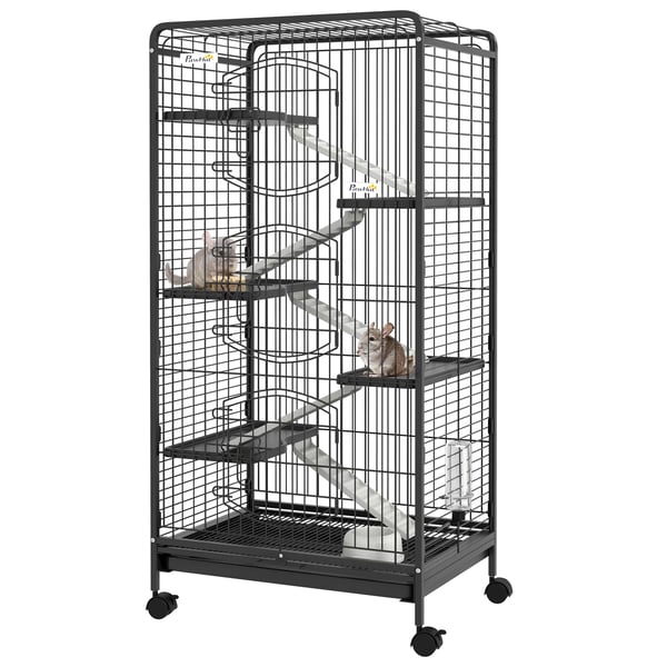 Lille Dyrebur, 6 Niveauer, Mobilitets Hjul,64x43.5x131 cm, Sort