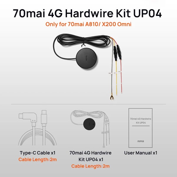70mai 4G Hardwire Kit, Realtids GPS Tracking, Øjeblikkelige App Notifikationer & Fjernovervågning til 24 timers Smart Parkeringsbeskyttelse