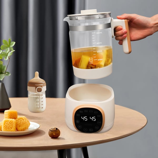 Flaskevarmer, 1,3 L kapacitet, 600 W effekt, temperaturinterval 37-95℃, total højde 24,8 cm, støjniveau 45 dB