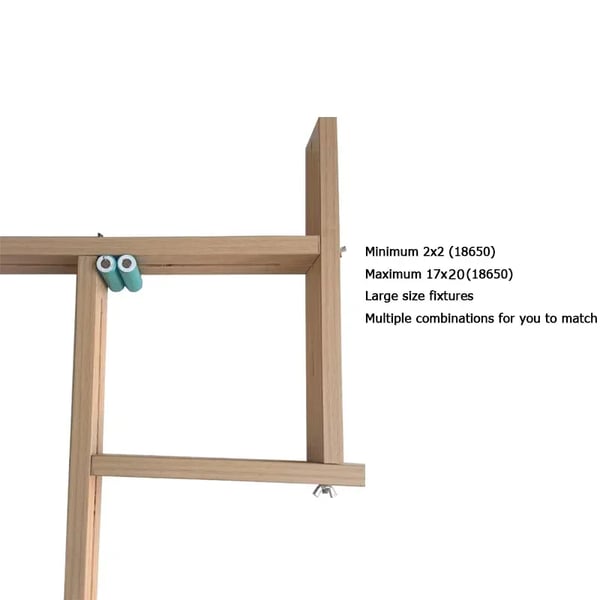 Batteri Fixture, Træmateriale, Minimum Størrelse 2 cm x 2 cm, Maksimum Størrelse 17 cm x 20 cm, Kompatibel med 18650 21700 32650, CE Certificeret