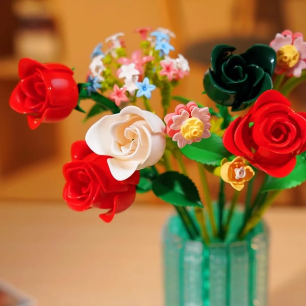 Bouquet Legetøjsbyggeklodser, Elegant Hjemmedekoration, Perfekt Gavevalg,Rose, Med Kasse
