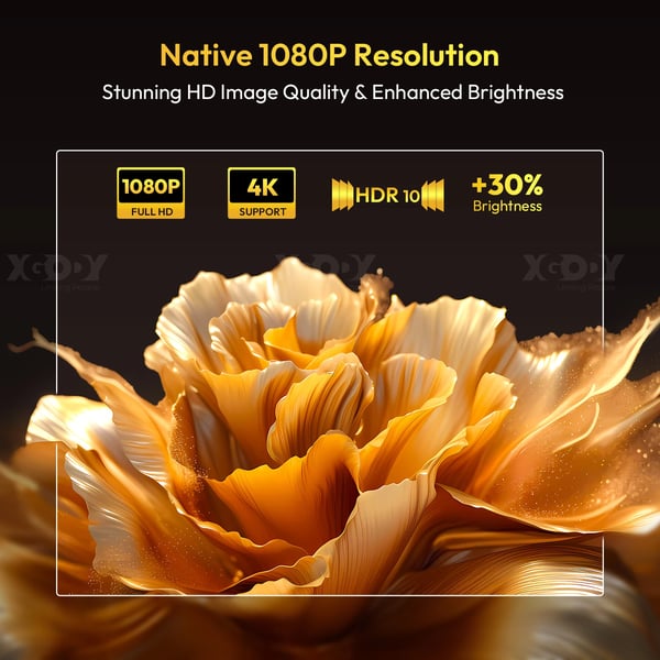 Bærbar projektor, ægte 1080P, 650 ANSI lumen, 10000:1 kontrastforhold, WiFi og Bluetooth-forbindelse, let design