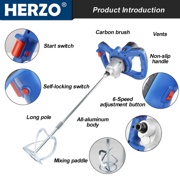 Elektrisk Mixer, 1300W Effekt, 0-680 omdr./min Hastighed, Ergonomisk Håndtag,Blå, EU