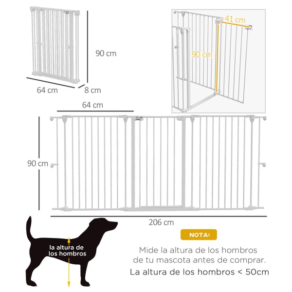 Hundebarriere, Foldbar Stål Design, 3-Panel Konstruktion,Hvid, 206X90 cm