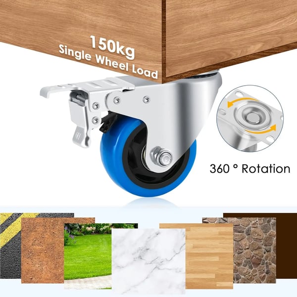 Svinghjul, 4 x 125mm, Belastningsevne 600 kg, 360° Rotation, Holdbar Polyurethanbelægning, Kraftig Design