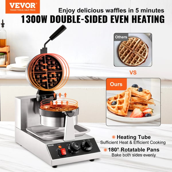 Elektrisk Vaffeljern, 1300W Effekt, Justerbar Temperaturkontrol, Non-Stick Bagplader