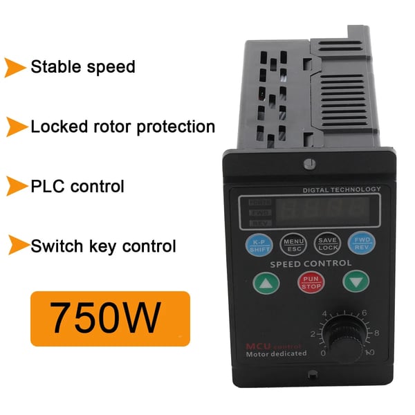 Motorhastighedscontroller, 750W effekt, enkeltfase AC 220V indgang, trefase AC 220V udgang, arbejdsfrekvens 1.0-99Hz, nominel strøm 3.41A