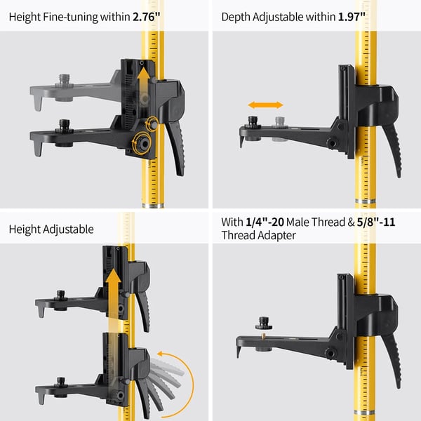 "Telescopisk Laserstang, Maksimal Højde 3,7 m, Justerbar Tripod Højde 48-90 cm, Stangtykkelse 10 mm, Kompatibel med 5/8"" og 1/4"" Grænseflader