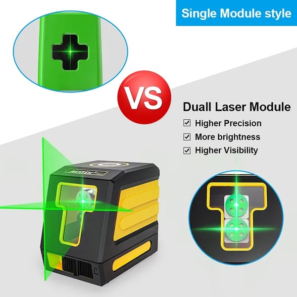2 Liners Laser Niveau, Høj Præcision ±3mm/10m, Vandtæt & Støvafvisende,grøn lys beslag