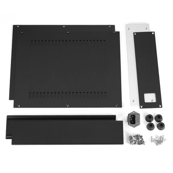 Aluminiumlegering forstærker kabinet, 260 mm x 311 mm x 70 mm, Vægt: 2,4 kg, Skruer, Strømstik, Gummifødder inkluderet
