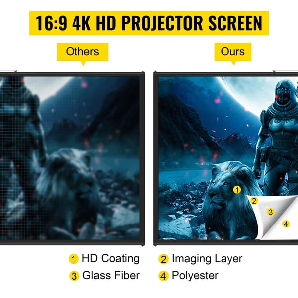 Projektor lærred, 100 tommer, 4K HD opløsning, justerbar højde,100 tommer