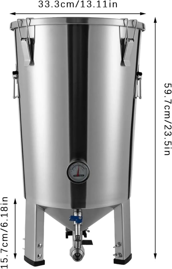 Cirkulær Fermentor, 32L Kapacitet, 304 Rustfrit Stål Materiale, 59,7cm Højde, 4,7m Kølespirale, 1mm Tykkelse