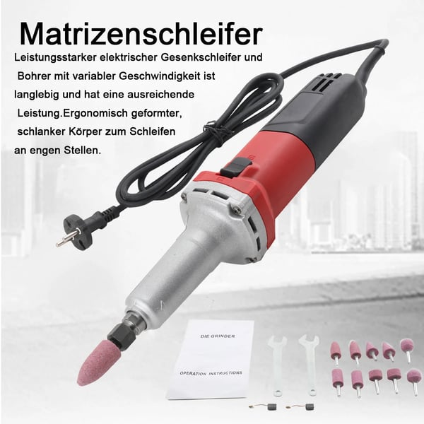 Elektrisk Dødsgrinder, 750 W, Variabel Hastighed op til 27000 RPM, Collet Chuck Diameter φ6mm, Tilbehørssæt Inkluderer 14 Stykker, Vejer 2,2 kg