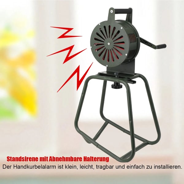 Alarm Sirene, Aluminiumlegering Materiale, 230 mm Diameter, 75,5 cm Højde, 125 dB Lydtryk, Manuel Krank Drift