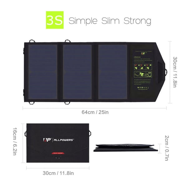 Solpanel, 21W, 5V, Foldbart Design, 23,5% Effektivitet, Dobbelt USB-porte