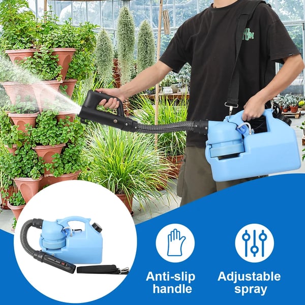 Bärbar ULV-spruta, 7 liters kapacitet, Justerbar partikelstorlek 0-20 mikrometer, Justerbar sprayvolym 0-300 ML/min, Högdensitetspolypropen