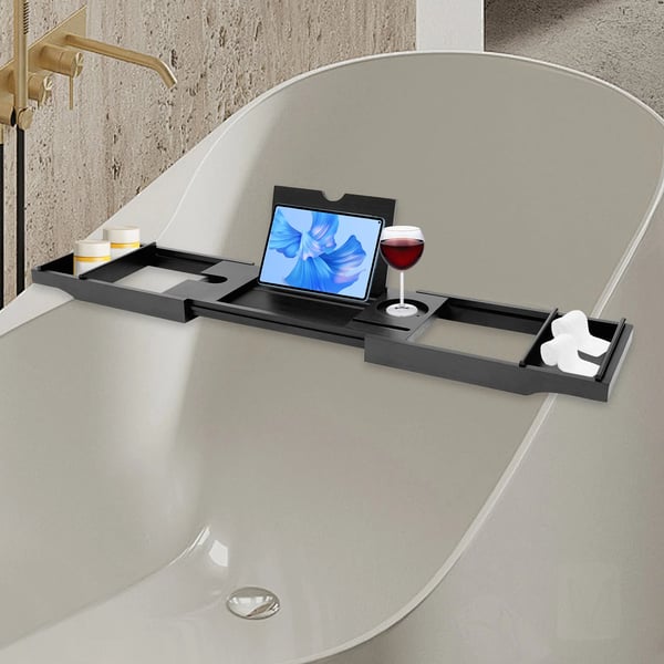 Badekar Opbevaringsbræt, Justerbar Længde, Elegant Bambusdesign,sort