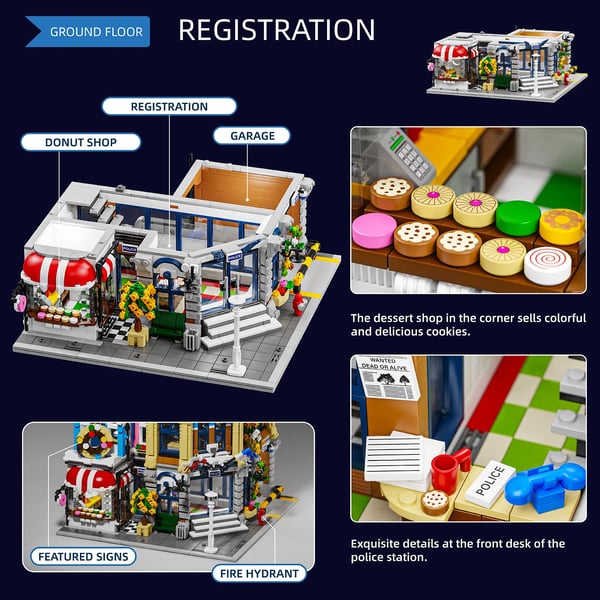 Brick Town Politistation, 3200 Stykker, Europæisk Stildesign,med kasse