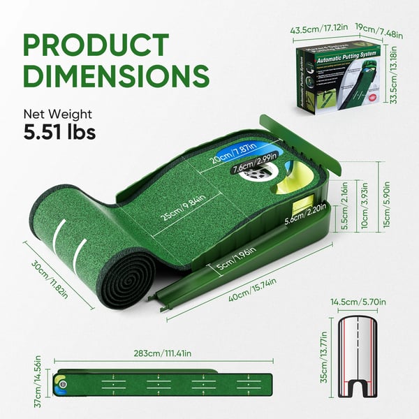 Golf Putting Mat, Automatisk Bold Hentning, Klare Vejledende Linjer,grøn