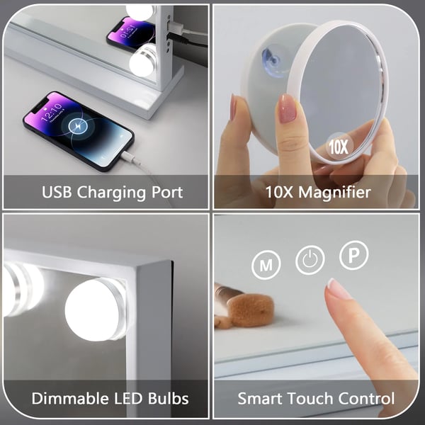 Makeup Spejl, 15 Dæmpbare LED-pærer, Berøringskontrol,5846USB-Hvid
