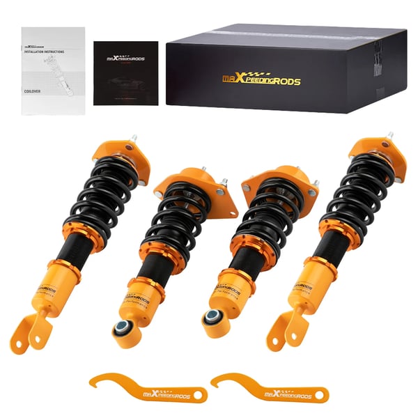 Coilover-sarja, säädettävä korkeus 1-3 tuumaa, etujousen kovuus 10 kg/mm, takajousen kovuus 6 kg/mm, mitat 63cm x 51cm x 21cm