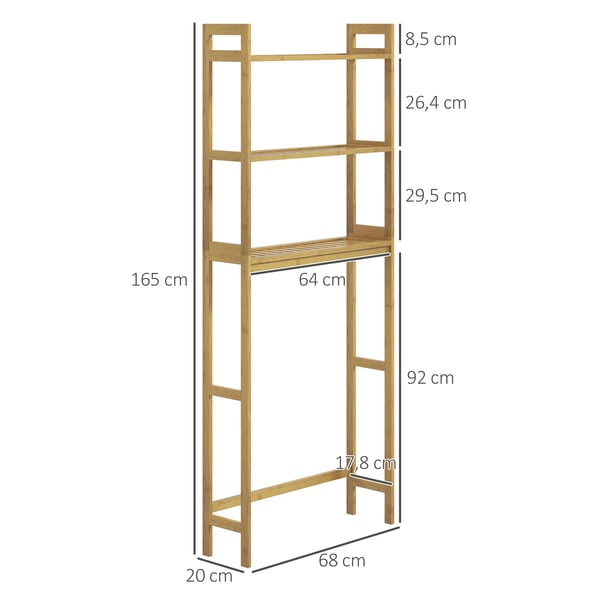 Badeværelseshylde, Bambusmateriale, 64x17,8x92 cm Dimensioner, Passer til de fleste toiletter, Pladsbesparende design, Anti-tippe beskyttelse