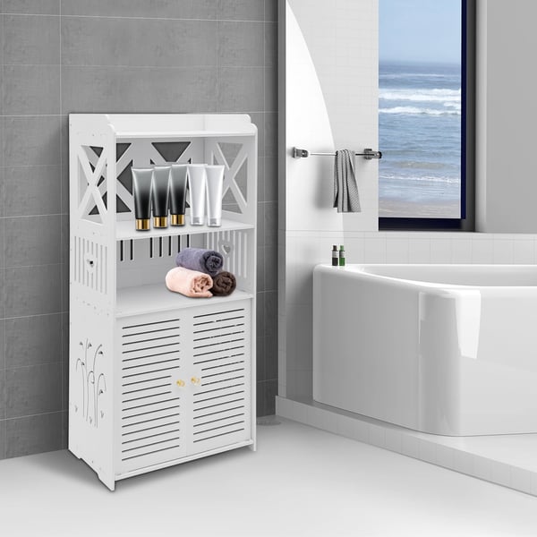 Badeværelsesopbevaringsskab, PVC-materiale, 40 x 25 x 90 cm dimensioner, Tre niveauer, Belastningskapacitet 2,5-3 kg, Nettovægt 3,9 kg
