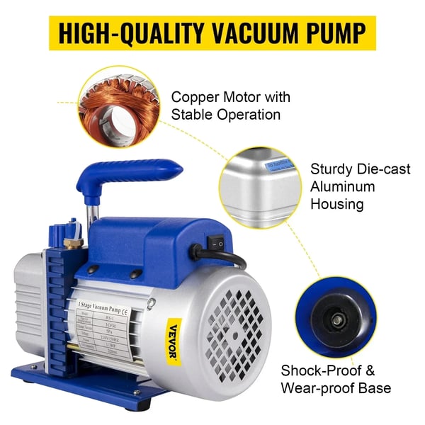Vakuumpumpe, 1.8 CFM luftafledning, 220V / 50Hz, rotationshastighed 1440 RPM, højt tryk 0~800 PSI, lavt tryk 0~500 PSI