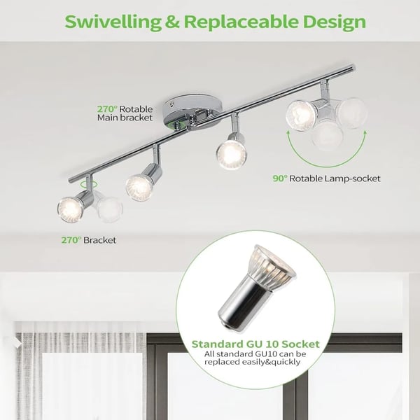 Loftlampe, 4-lys skinnesystem, LED spotlys,Krom, Ingen pære