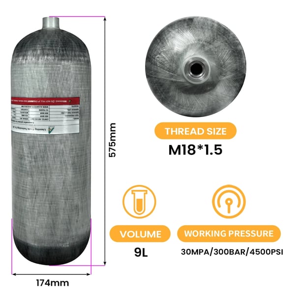 Sukelluspullo, 9L tilavuus, 300 BAR käyttöpaine, 9L