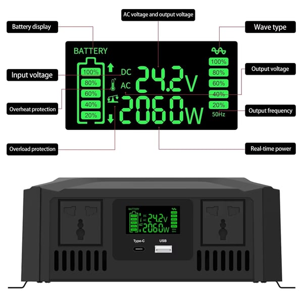 DATOUBOSS Inverter, Dual Voltage 12V/24V til AC220V, 4000W Peak Power,DC12V 24V til AC220V