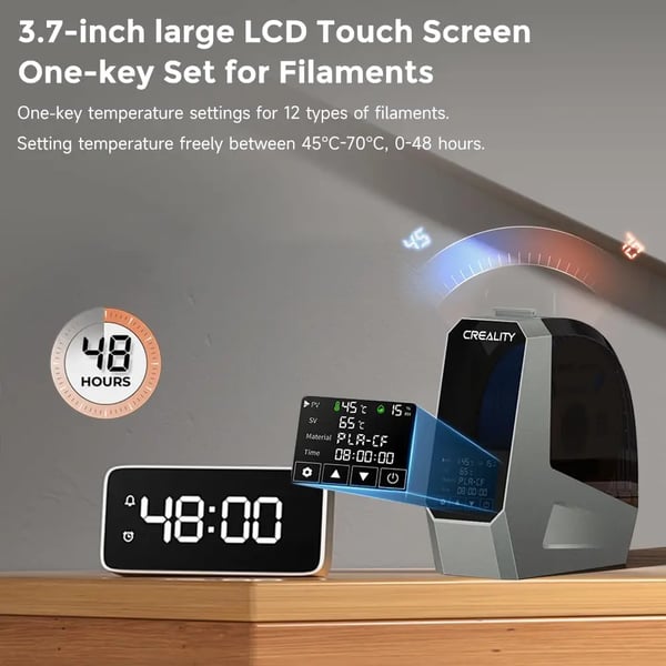Filamenttørrer, Justerbar temperatur 45℃-70℃, 0-48 timers timer, Kompatibel med 1,75 mm og 2,85 mm filamenter,EU Stik-220V, Rums Filament Tørrer